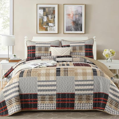 Annibedding Quilt Set Queen Size, Red-Brown Plaid Striped Bedspread Coverlet Set,Soft Microfiber Reversible Lightweight Bedding Cover for All Season(Queen,96"x90")