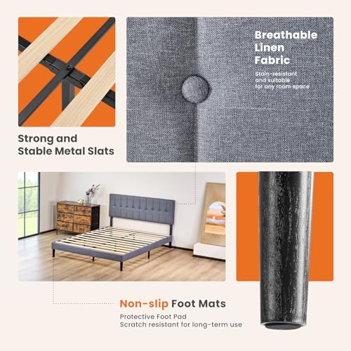 Sweetcrispy King Size Bed Frame - Fabric Upholstered Platform Bed with Headboard, 800LBS Sturdy Wooden Slats Support, No Box Spring Needed, Noise Free, Easy Assembly, Grey Sweetcrispy