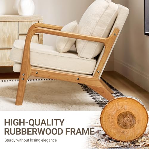 COLAMY Mid Century Modern Accent Chair Set of 2 with Lumbar Pillow, Relaxing Armchair with Solid Wood Frame & Soft Cushion, Reading Leisure Chair for Living Room(Beige) COLAMY