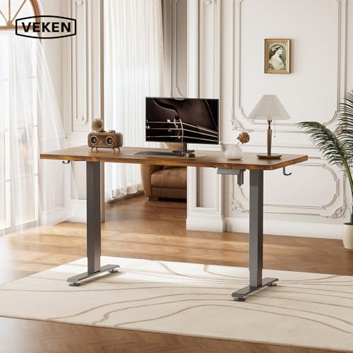 Veken 55 Inch Large Electric Standing Desk, Heights Adjustable, Sit to Stand Up, Work Home Office Computer Table for Study, Walking Pad, Writing, and Games, Wooden Desktop Desks, Brown Veken