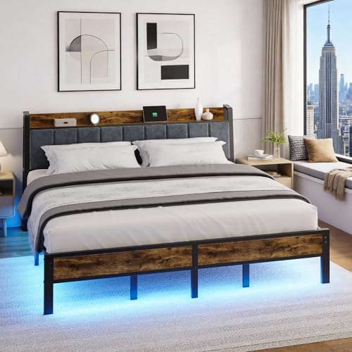 King Size Bed Frame with USB Charging Station, Storage Headboard with Smart LED Lights, Metal Platform Bed Noise Free, No Box Spring Needed, Easy Assembly Liians