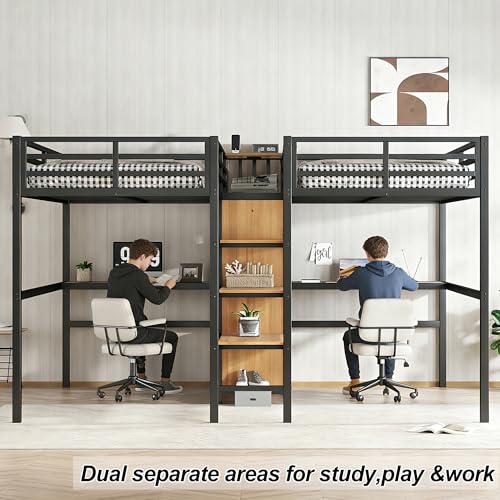 Bellemave Twin Over Twin Metal Loft Bed with Desk and Wardrobe for 2 Kids,Twin Size Heavy Duty Double Loft Bed Frame with Charging Station and Shelves for Boys,Girls,Adults,Woodgrain Bellemave