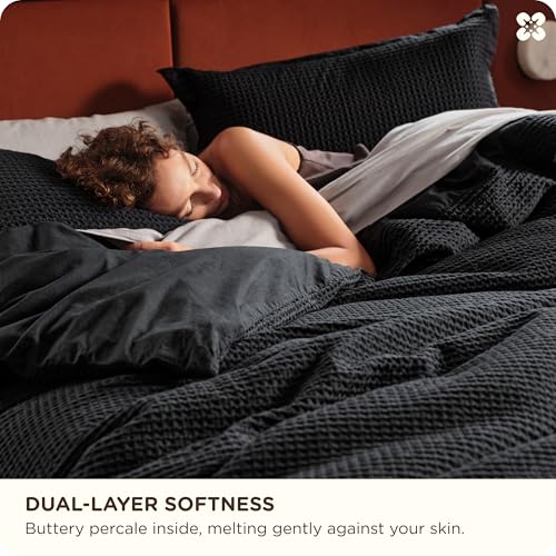 Bedsure Cotton Duvet Cover Set - 100% Cotton Waffle Weave Black Duvet Cover Oversized King Size, GentleSoft™ and Breathable Bedding Set for All Season, 3 Pieces, 120"x98" Bedsure