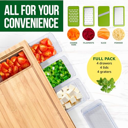 YANs Bamboo Cutting Board with Containers for Easy Meal Prep - Chopping Board Set -Extra Large Space Saving Cutting Board Set with Juice Groove to Keep Your Kitchen Tidy Yans