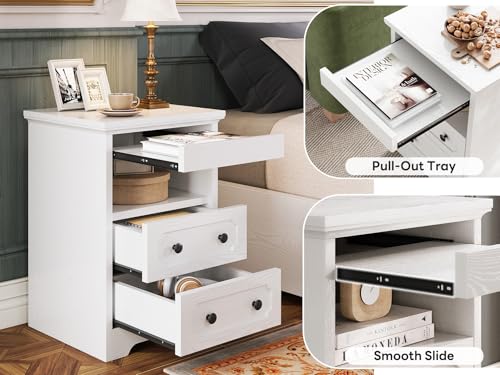 LIKIMIO Night Stand, Modern Bedside Table with 2 Drawers, Open Shelf, End Table with Pull-Out Tray, Wood SideTable, White LIKIMIO