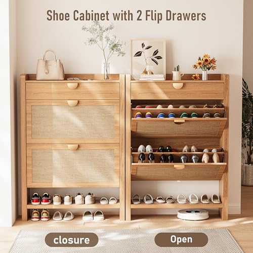 INNOD Rattan Shoe Storage Cabinet, Shoe Organizer with 2 Flip Drawers, Narrow Shoe Cabinet, Free Standing Hidden Shoe Storage, Shoe Rack for Entryway/Hallway/Closet, Natural Oak INNOD