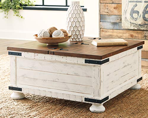 Signature Design by Ashley Wystfield Farmhouse Square Storage Coffee Table with Hinged Lift Top, Distressed White Signature Design by Ashley