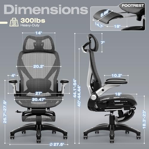 ELABEST X100 Ergonomic Mesh Office Chair with Footrest, Big and Tall Hone Desk Chair with 5D Flip-Up Arms, Adjustable 3D Lumbar Support,Gaming & Executive Computer Chairs ELABEST