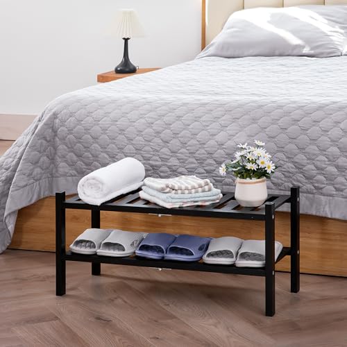VICTORY RELAX 2 Tier Acacia Wood Shoe Rack, Shoe Storage Shelf, Stackable Organizer for Closet, Entryway Shoe Stand, Hallway, Garage, Wooden Shoe Storage Rack, Indoor, Outdoor (Black) VICTORY RELAX