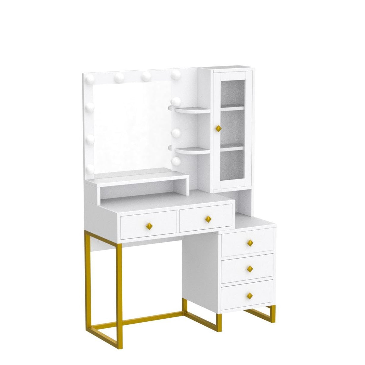 Tiptiper Makeup Vanity with Lights & Charging Station, Large Vanity Desk with Mirror and Lights, Makeup Table with 5 Drawers & Shelves, White and Gold Tiptiper