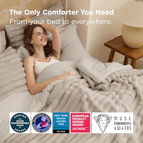 Bedsure Gentlesoft™ 2-in-1 King Size Comforter Set and Detachable Fluffy Blanket, Beige Bedding Set for All Season Use, SnapTech™ Design for Space Saving (Includes 2 Pillow Shams, 2 Pillowcases) Bedsure