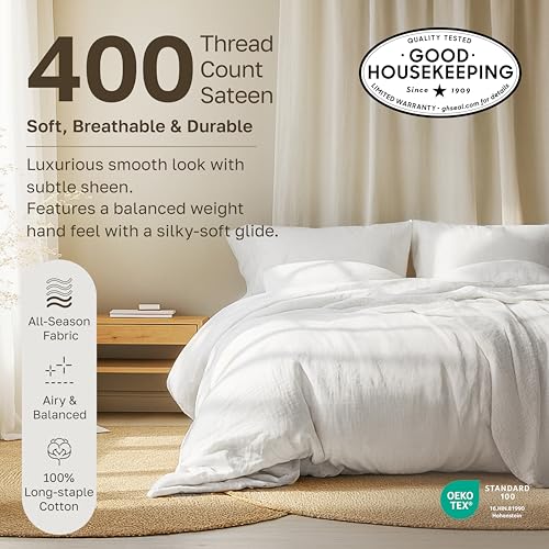California Design Den Twin Fitted Sheet White, 100% Cotton 400 Thread Count Sateen, No Pop-Off Elastic, Soft & Durable (Twin, White) California Design Den