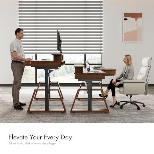 EUREKA ERGONOMIC L Shaped Desk 63", Solid Walnut Wood Top, Executive Standing Desk Adjustable Height, Dual Motor Corner Workstation with Drawers & Monitor Shelf for Home Office, Left EUREKA ERGONOMIC