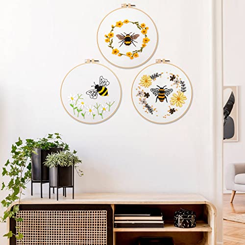 Lukinbox Embroidery Kit for Beginners Adults, 3 Sets Cross Stitch Starter Kits Include 3 Stamped Embroidery Clothes with Floral and Bee Pattern, 1 Embroidery Hoop, Threads, Needles and Instructions