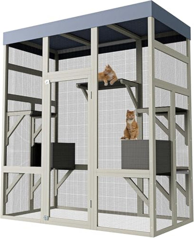 70" Large Outdoor Catio Cat Enclosure, Wood Cat Patio with Waterproof UV-Resistant Roof, Cats Shelter with 5 Platforms and 2 Resting Box, and Secure Rust-Proof Wire for Backyard or Patio