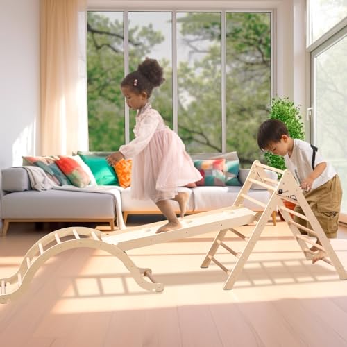 Giant bean Large Foldable Pikler Triangle Set with Sliding Ramp & Climbing Arch Ramp, 5-in-1 Wooden Toddler Climbing Toys Indoor,Playground Jungle Gym for Kids Age 3-6, Montessori Climbing Set Giant bean