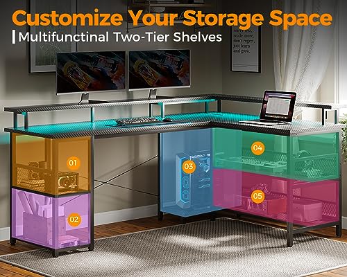 ODK L-Shaped Gaming Desk with LED Lights and Power Outlets - Reversible Design with Storage Shelves ODK