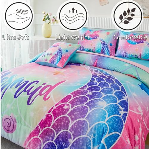 RYNGHIPY Mermaid Twin Girls Bedding Set, Colorful Rainbow Kids Girls Comforter Set with Sheets Soft and Lightweight, 6 Pieces Teen Girls Bed in a Bag RYNGHIPY