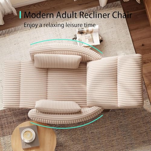 LINSY 360 Swivel Recliner Chair, Nursery Glider Rocking Chair with 2 Pillows, Corduroy Nursing Chair Comfy High Back Adult Rocker Recliner for Small Spaces, Nursery Bedroom Living Room (Beige)