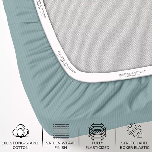 Feather & Stitch 500 TC King Size Bed Sheet Set, 100% Cotton Soft Breathable Bedsheets, 4 Piece 18" Deep Pockets Sateen Weave Striped Bedding Mattress Resort Hotel Luxury - (Granite Green Stripe) FEATHER & STITCH NEW YORK