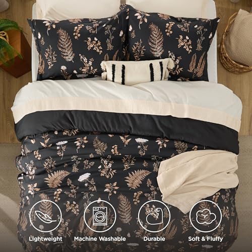 Bedsure Comforter Set Twin/Twin XL Size - Cute Floral Comforter, Black Bedding Comforter Sets, 1 Soft Reversible Botanical Flowers Comforter and 1 Pillow Sham Bedsure