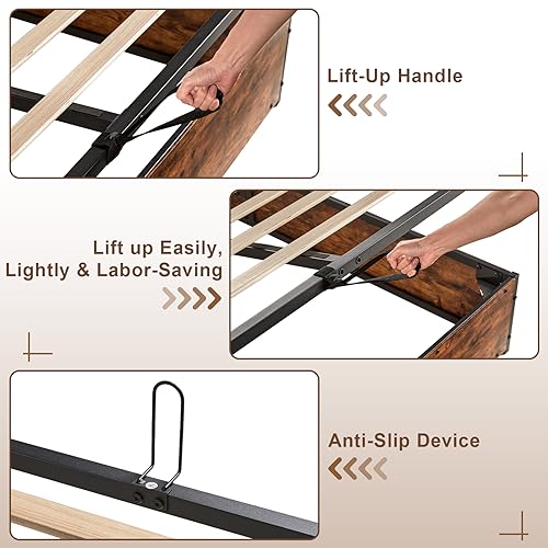 AMERLIFE Queen Size Lift Up Storage Bed Frame with Charging Station in Rustic Brown AMERLIFE