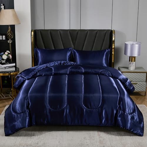 Satin Comforter Set King Silk Like Silky Bedding Set Luxury Hotel Silky Bed Home Deocr Navy Blue Soft Down Comforter Silky Quilt Set Bedding_Dreamer
