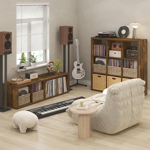 Furinno Cubicle Record Player Stand with Vinyl Storage, 4-Cube 1.2 Extra Thick Vinyl Record Storage, Open Back Media Shelf for CD DVD Blueray Game Disc, for Living Room, Home Office, Amber Pine Furinno