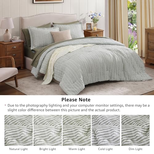 BLOOMHAVEN Queen Comforter Set - 7 Pieces Green Gauze Muslin Bedding Sets for All Seasons, Lightweight Breathable Bed in a Bag Queen with Revesible Farmhouse Comforter, Sheets, Pillowcases & Shams BLOOMHAVEN