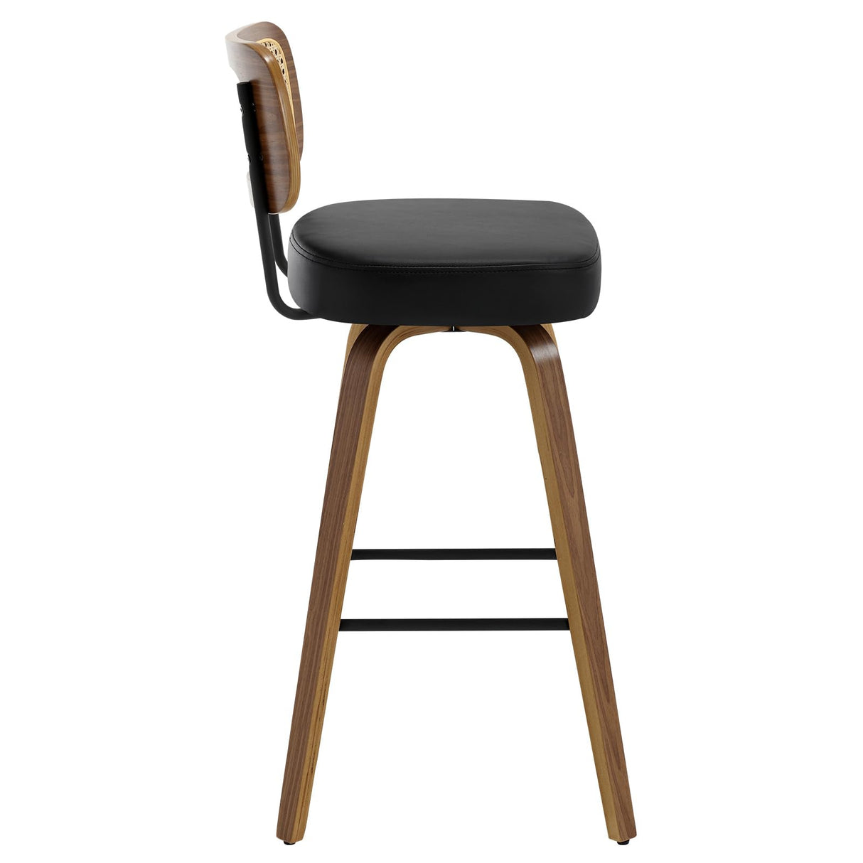 Bekrvio 29" Swivel Bar Stools Set of 2 with Rattan Back, Upholstered Faux Leather, Walnut Bentwood Frame in Black Bekrvio
