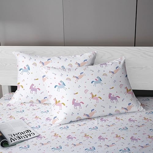 MUSOLEI Unicorn Fitted Sheet Set Full Unicorn Bedding Girls Rainbow Star Sheet Pink Flower Bedding Set Unicorns Girl Bed Sheets 1 Fitted Sheet with 2 Pillowcases Multi-Colour Full MUSOLEI