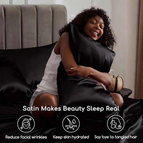 MR&HM Satin Sheets Full Size with Elastic Corner Straps, 4-Piece Silky Bedding Set, Deep Pocket 15 Inches, Good for Hair & Skin (Full, Black) MR&HM