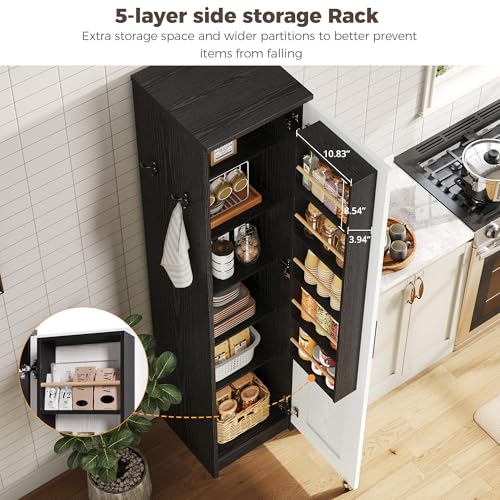 IRONCK Small Kitchen Pantry Cabinet 72" for Narrow Space, with Single Door and Adjustable Shelves, Freestanding Tall Storage Cabinet for Living Room, Bathroom, Black and White IRONCK