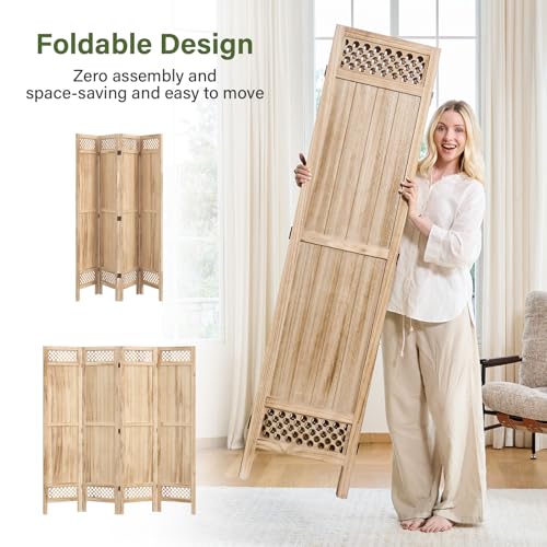 Privacy Screen Room Divider Panel - 67 Inch Tall Natural Wood Folding Partition Room Dividers, No-Assembly Required, Enhance Privacy and Aesthetic Appeal, Ideal for Home or Office Natural 4 Paned Svimi