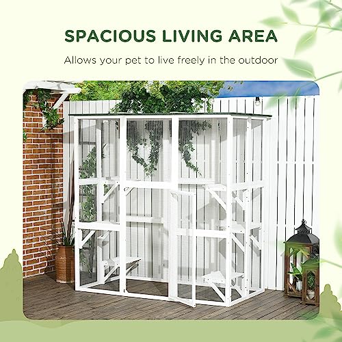 PawHut Outdoor Cat House Big Catio Wooden Feral Cat Shelter Enclosure with Large Spacious Interior, 6 High Ledges, Weather Protection Asphalt Roof, 71" L, White PawHut