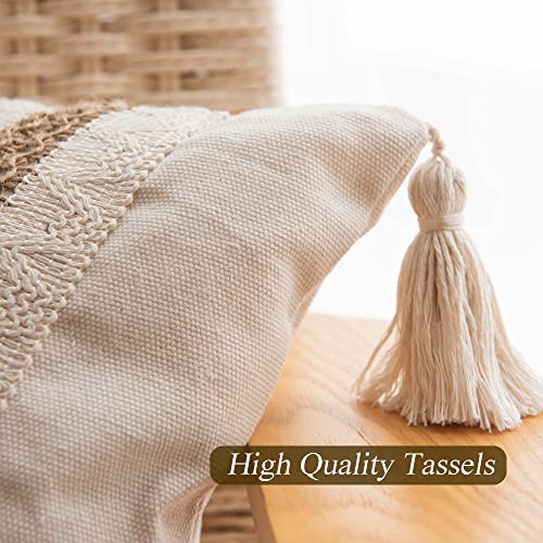DUKYMIK Woven Farmhouse Accent Decorative Throw Pillow Covers for Couch Sofa - 18 x 18 Inch Decorative Boho Neutral Pillow Cushion with Tassels for Living Room, Natural Beige, Single Stripe DUKYMIK