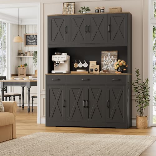 HOSTACK 71" Tall Pantry Cabinet with Charging Station, 55" Wide Kitchen Pantry Storage Cabinet with Countertop, Large Kitchen Hutch with Storage Drawers and Doors for Dining Room, Living Room, Black HOSTACK