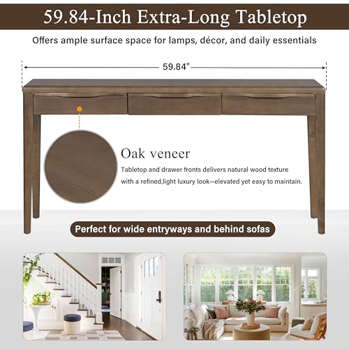 Merax 59.84'' Elegant Console Table with Oak Veneer,Light Luxury Entryway Table with 3 Drawers,Farmhouse Sofa Table with Soft-Corner Design,Suitable for Living Room, Foyer and Hallway, Brown Merax