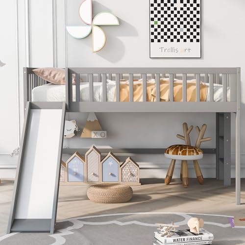 Merax Full Size Wood Low Loft Bed Frame with Slide for Kids Girls Boys,Full Length Guardrails, Gray Merax