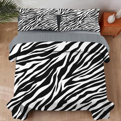 Pamnest Quilt Set Full/Queen Size, Zebra Stripe Animal 3 Pcs Soft Bed Cover Bedding Set for Kids and Adults, Black White Lightweight Bedspread Coverlet with Pillow Sham for All Season Pamnest