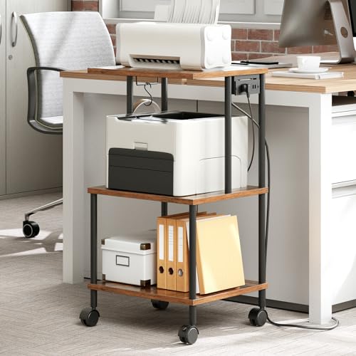 HOOBRO Printer Stand, Large Printer Table with Charging Station, Industrial Printer Storage Shelf with Wheels, 3-Tier Rolling Printer Cart for Home Office, Rustic Brown and Black BF48UPS01 HOOBRO