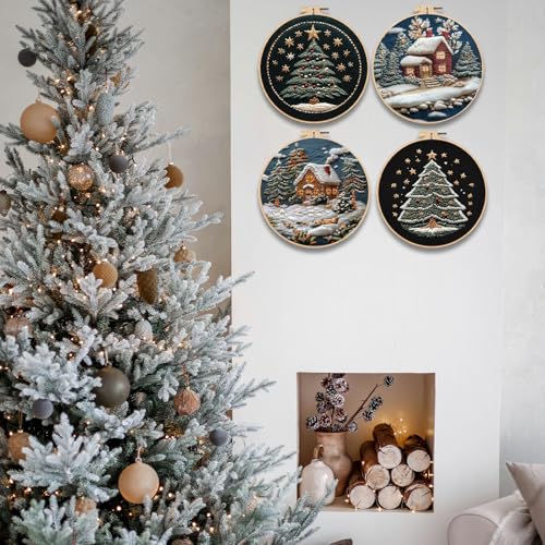 FONNUY Christmas Embroidery Kit for Beginners, Cross Stitch Set Winter Snow House Scene Pine Owl Pattern for Adults, Easy to Follow Color Thread Needlework, 8'' Hoop (Star Tree)