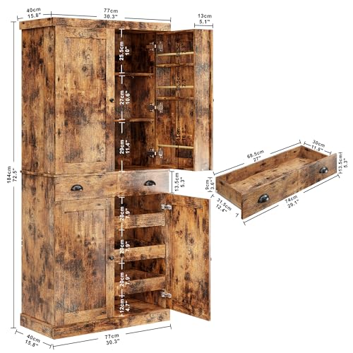 IRONCK Kitchen Pantry Cabinet with Sliding Storage Rack and 6 Hanging Shelves, 72" Height Tall Freestanding Cupboard for Living Room, Dining Room, Laundry, Vintage Brown IRONCK