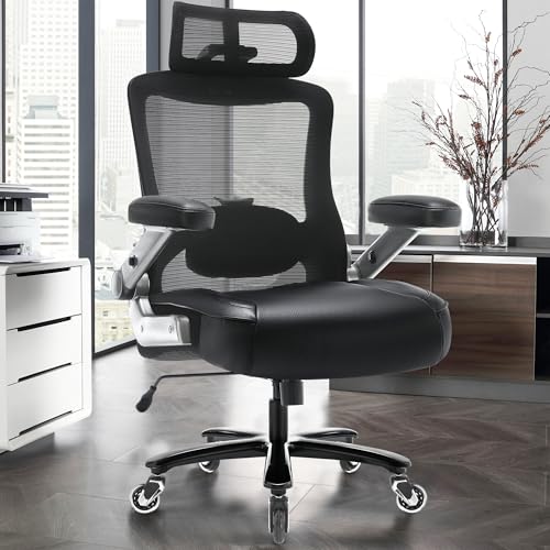 600lbs Big and Tall Office Chair- Heavy Duty Executive Computer Chair with 3D Flip Arms Large Wheels, Ergonomic Mesh High Back Desk Chair, Extra Wide Seat Adjustable Lumbar Support&Headrest Petheivun