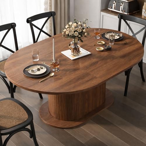 PatioPerk 39.37"-55.12" Round Extendable Dining Table, Oval Kitchen Table with Fluted Metal Slide Door, Space-Saving Expandable Dining Table for Small Apartment & Family Use, Walnut PatioPerk