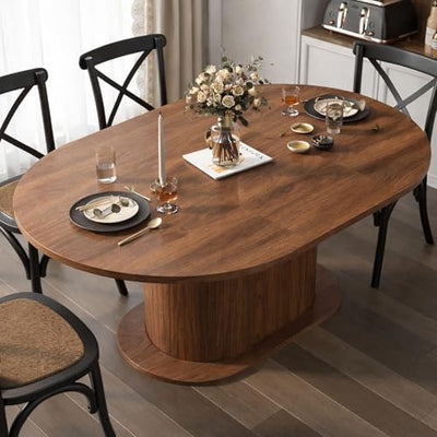 PatioPerk 39.37"-55.12" Round Extendable Dining Table, Oval Kitchen Table with Fluted Metal Slide Door, Space-Saving Expandable Dining Table for Small Apartment & Family Use, Walnut