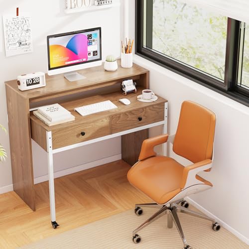 Tangkula Extendable Computer Desk with 2 Drawers, Small Writing Desk with Pull Out Secondary Desk, Console Table, Wood Study Workstation, Laptop Desk for Small Space Home & Office (Natural) Tangkula