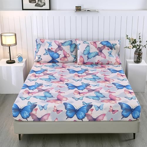 SDIII Colorful Butterfly Full Fitted Sheet with 2 Pillowcases, Not Including Flat Sheet, Soft Microfiber Deep Pocket Butterfly Bed Sheets Full Girls SDIII
