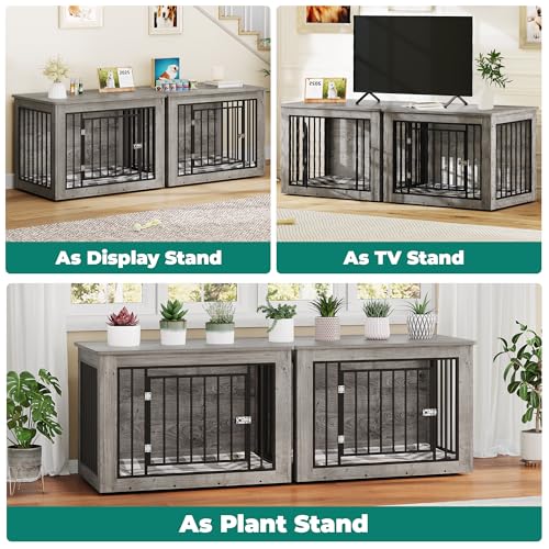 YITAHOME 76 Inch Double Dog Crate Furniture, XXL Dog Crate Furniture for 2 Dogs, Side End Table, Waterproof Top, Safety Corners, 2-in-1 Iron-Wood Fusion Dog Kennel Furniture for 2 Large Dogs,Greige YITAHOME