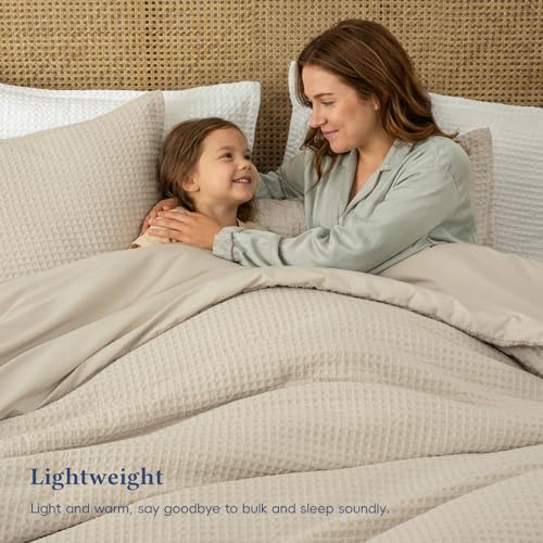 David's Home Waffle Weave Comforter Set 2PCS Twin Size, Soft Breathable Lightweight Cozy Skin-Friendly Warm for All Season, Elegant Aesthetic Home Decor Bedding Set with Pillow Shams, Linen David's Home